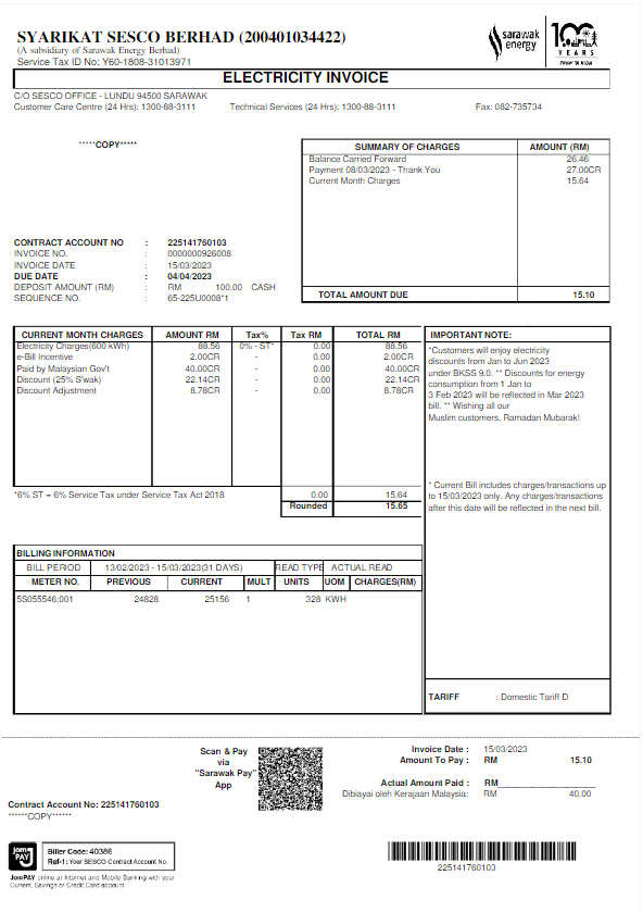 MALAYSIA SARAWAK ENERGY utility bill Wordd and PDF template